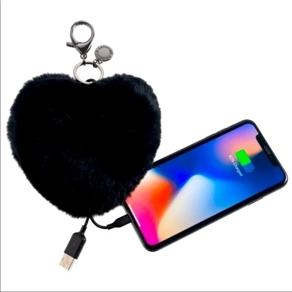 Rebecca Minkoff Fur Heart Power Puff Phone Charger & Keychain